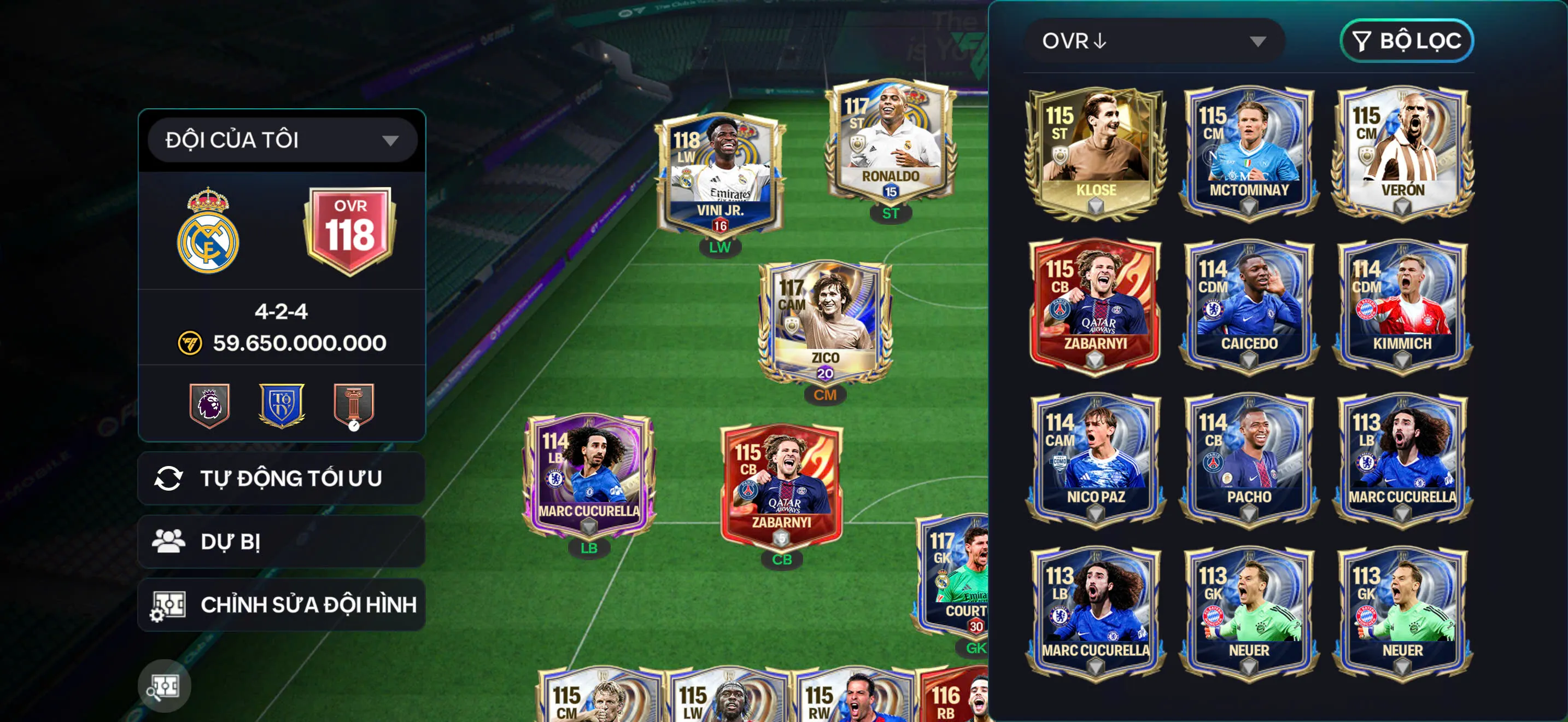 OVR 118, R9 + Cr7 + Zico ,.. nhiều cầu thủ cho ae chơi,...Còn nv nhận 20 Ruby,...