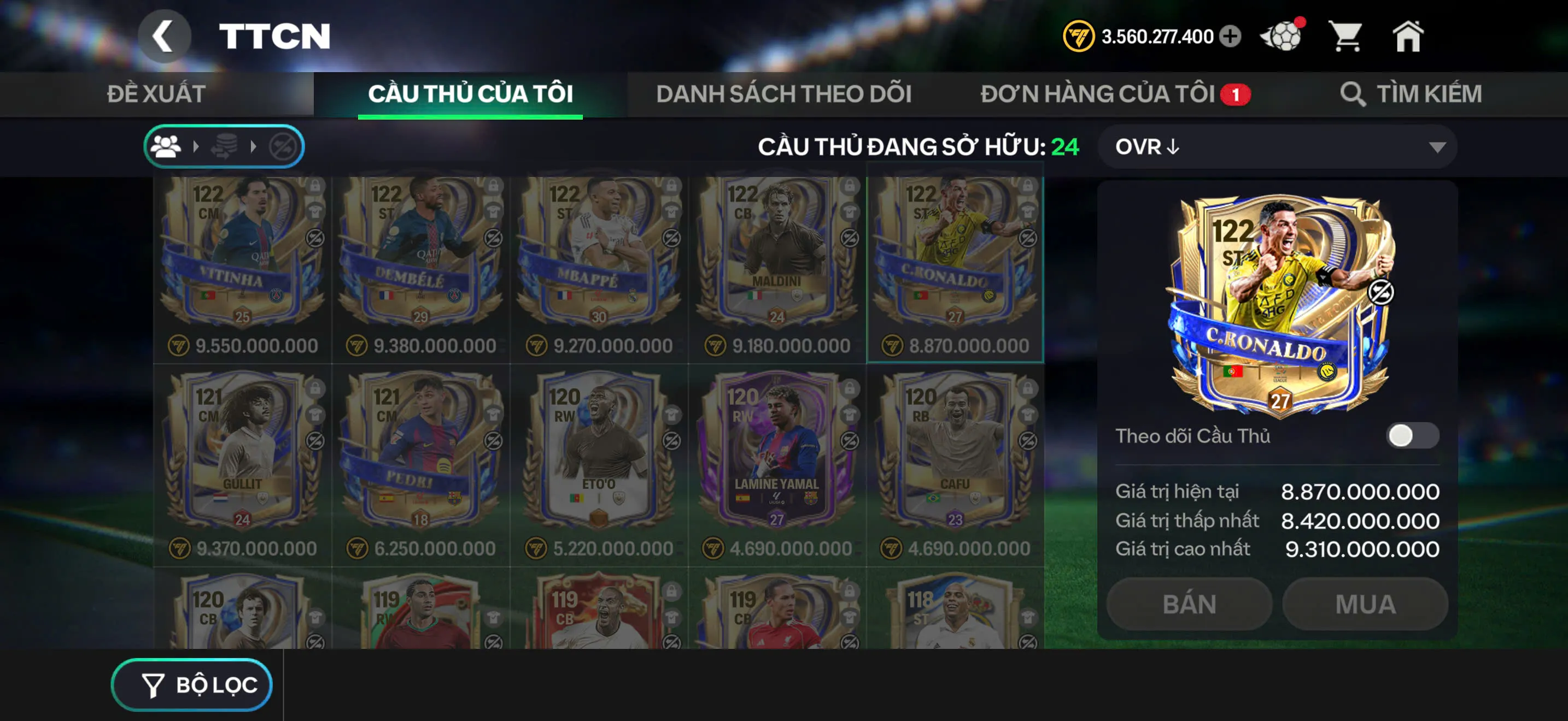 Gần Full Utoty Và cầu thủ 116 117,...Nhiều cầu thủ cực ngon cho ae chơi,..Dư hơn 3B coin và 140 huy hiểu đổi + 350 mảnh đổi cầu thủ....RAnk cao.