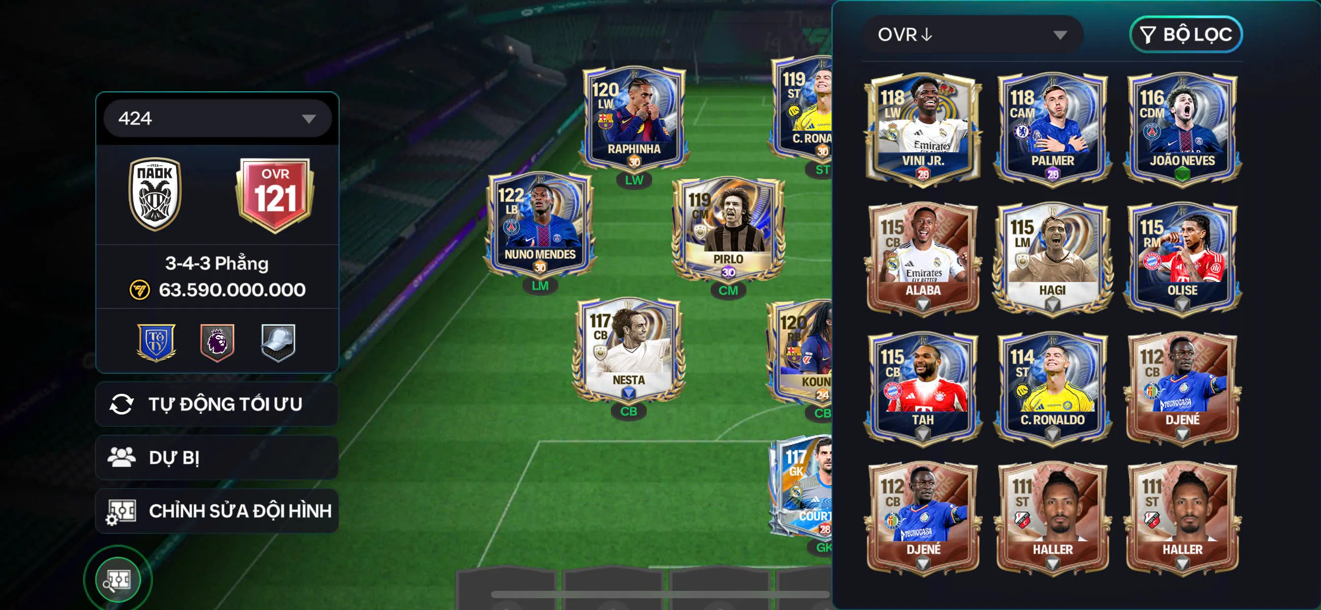 OVR 121, Cr7 + salah + cafu + pirlo ,..nhiều cầu thủ ngon cho ae chơi...