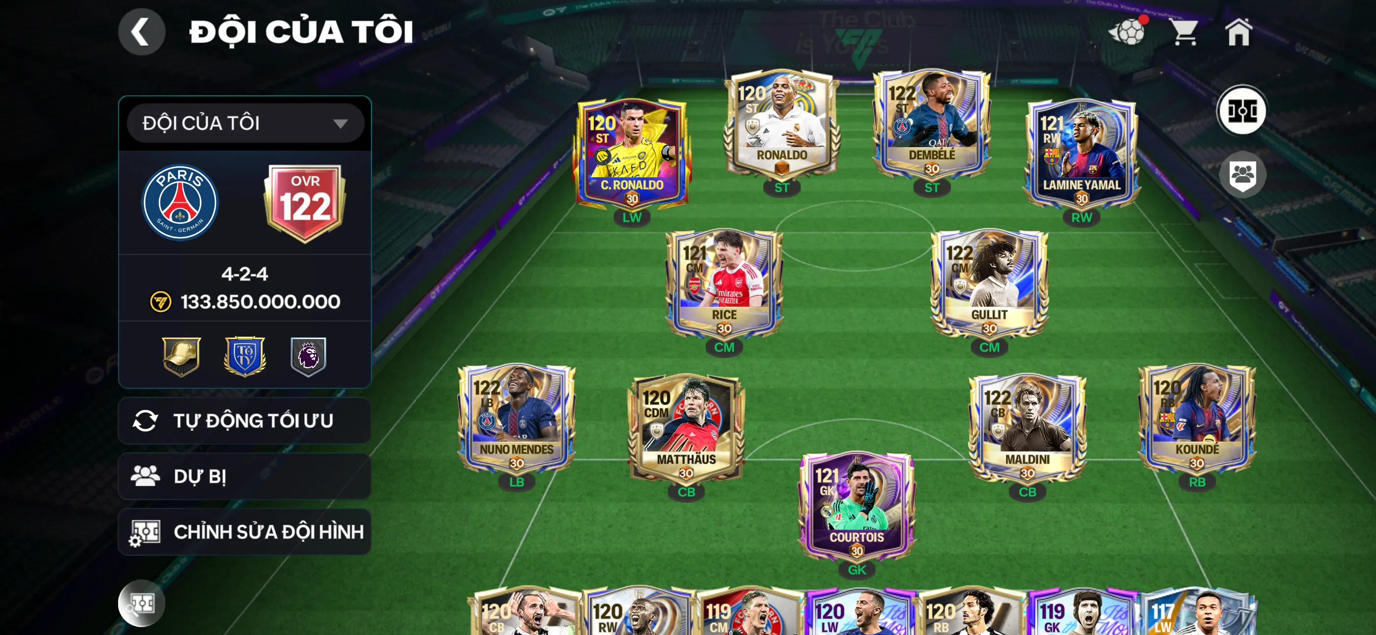 Ovr 122 Song rô +4 cthu 117+1 kí Đội hình siêu đẹp Công thủ bá còn nhiều dự bị ngon , đã mở sổ , đã mở sổ đăng nhập hhth ,20k hiệp phụ ,3k3 hhth,380 hhtd ,