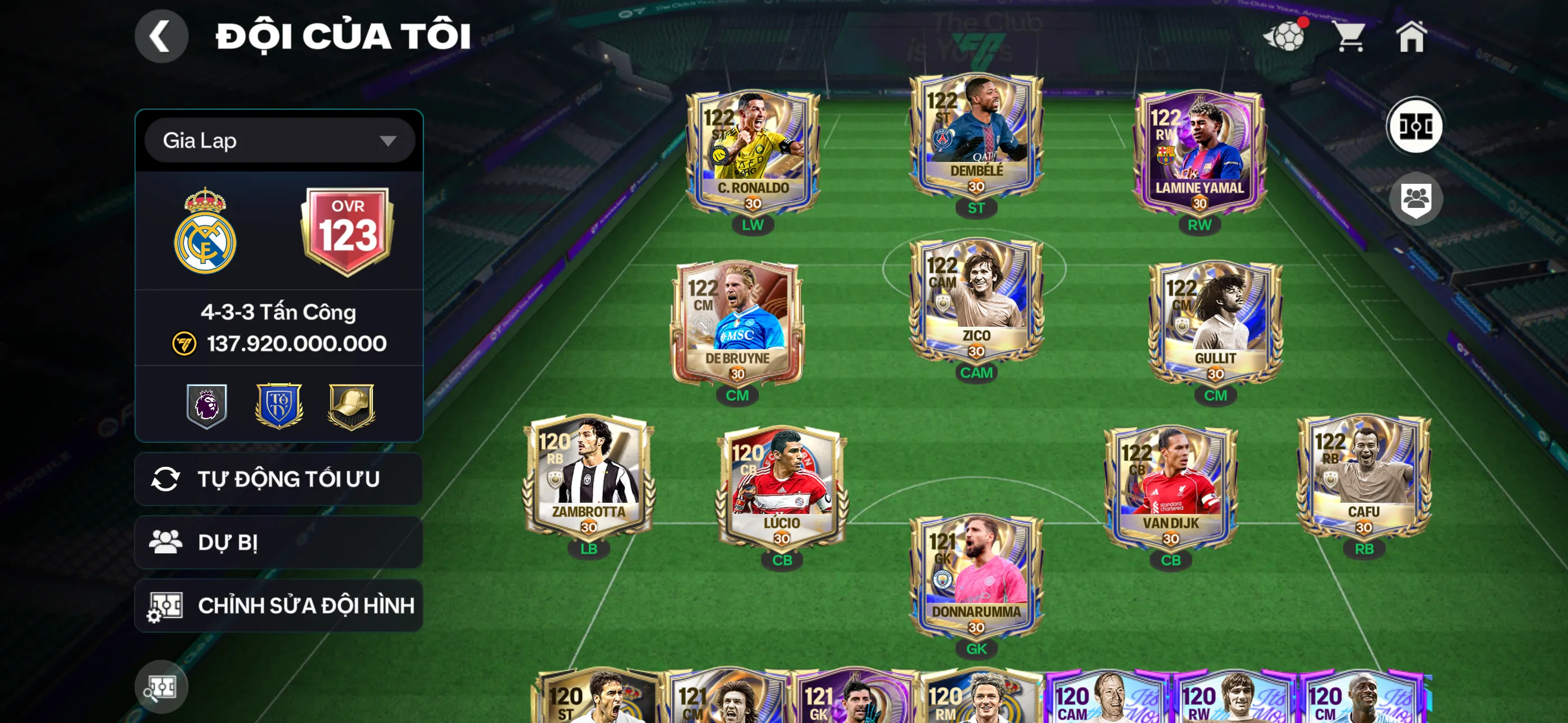 Siêu phẩm Ovr123 Cr7 +7 cthu 117+1 kí Đội hình siêu đẹp nhiều dự bị ngon , dư nhiều tn ,1b7 coin ,30k hiệp phụ,1k5 hhth , đã mở sổ , đã mở sổ hh thăng hặng,450 mảnh quốc gia