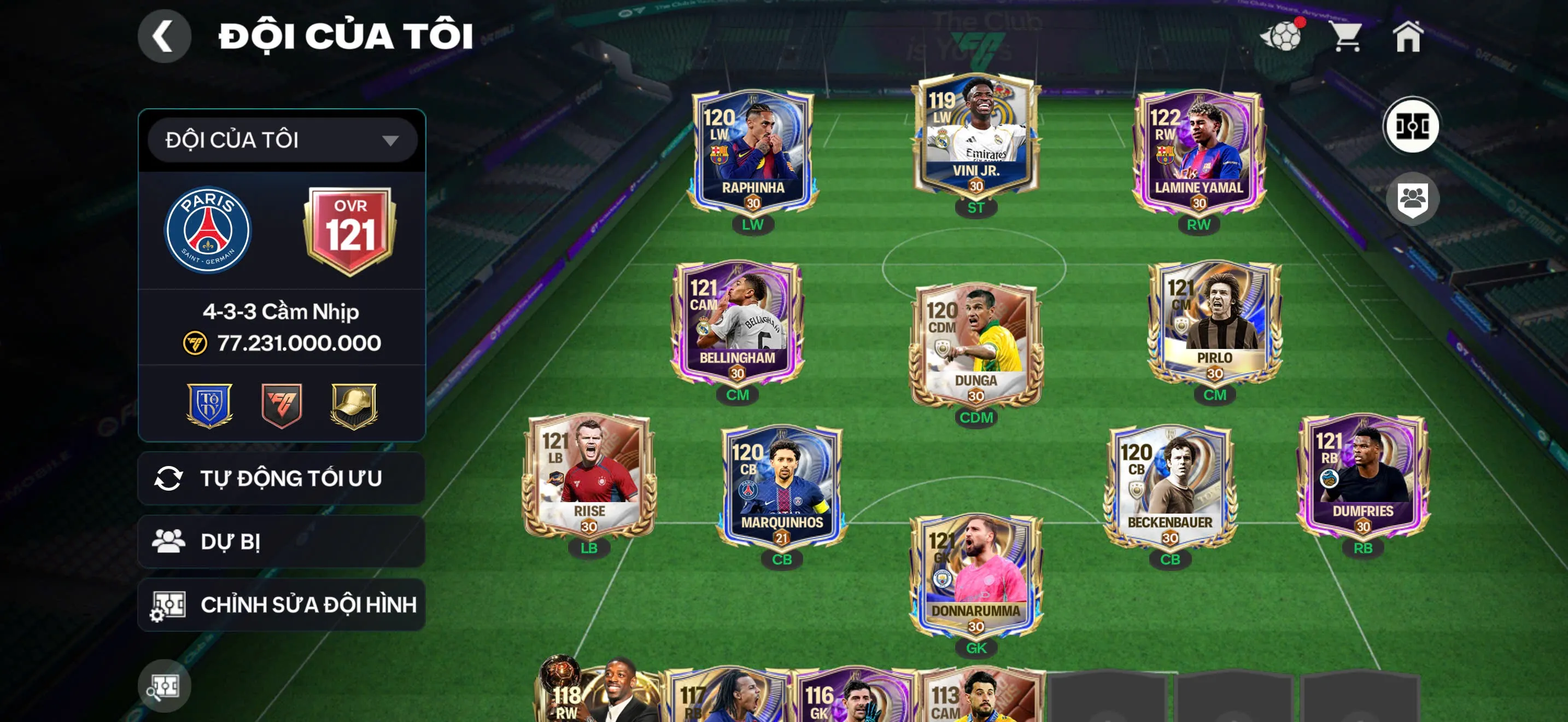 OVR 121,…Yamal + Belinham + pirlo + donaruma,.. nhiều cầu thủ ngon và tài nguyên ( có cầu thủ bán được hơn 1B ) ,…Rank cao.