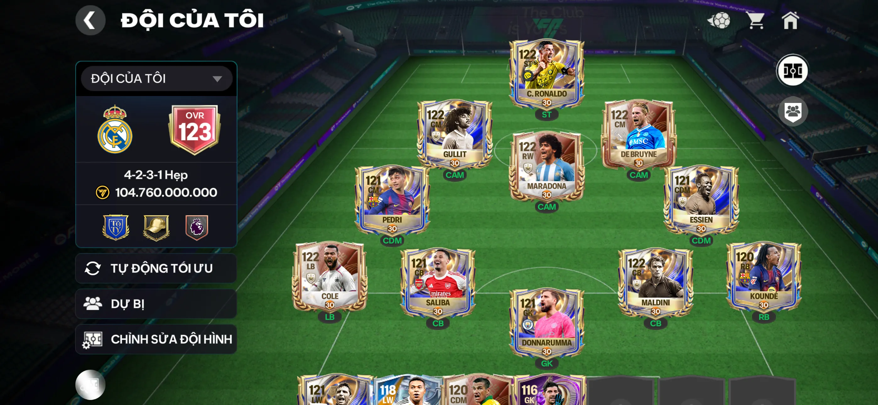 Ovr123 Cr7+5cthu 117+ nhiều cthu utt Đội hình đẹp dư nhiều tài nguyên , gần2b coin ,540 hhtd,3k hhth,550 mảnh quốc gia ,1 rank chưa đá