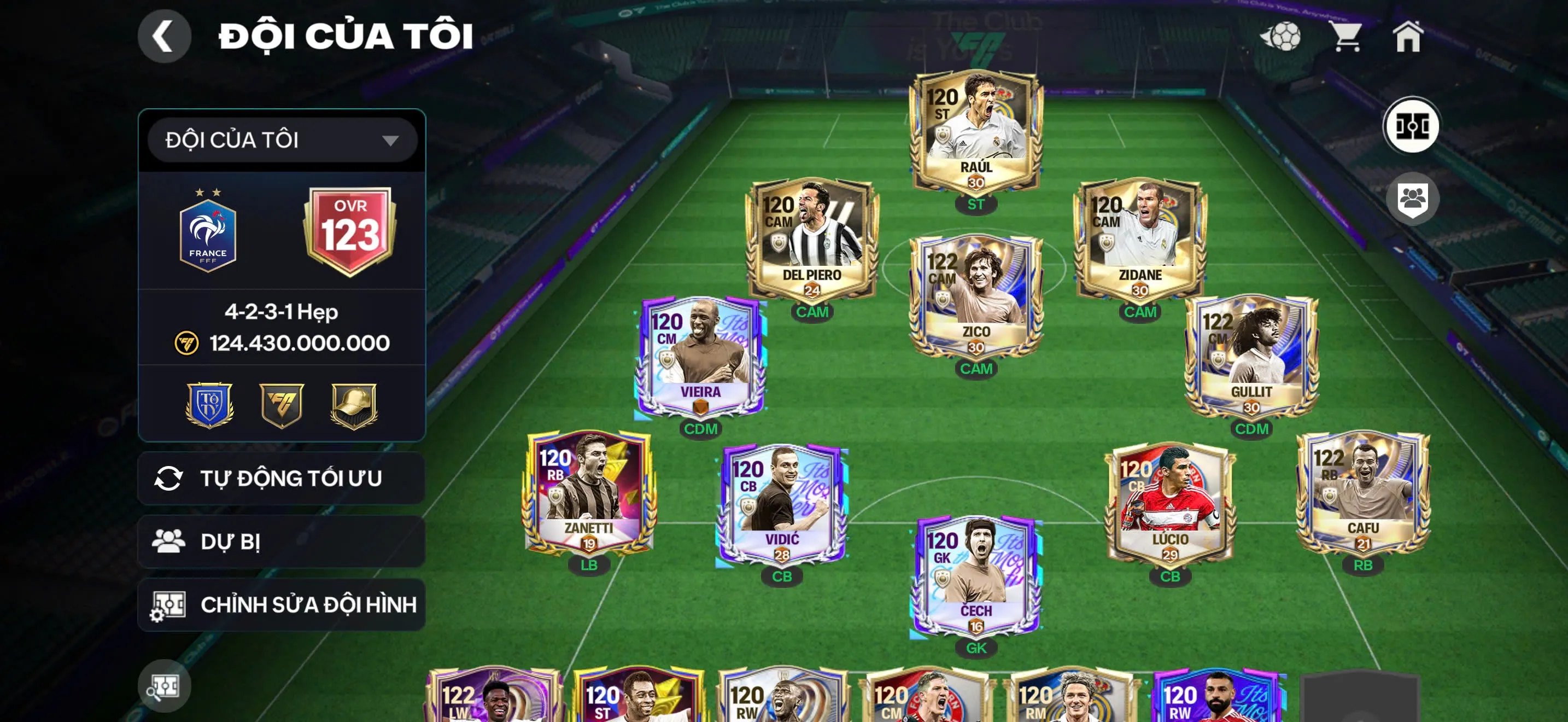 OVR 123, Raul + Zidane + DEl ( chữ kí hiếm ),..Gullit + Cafu + Zico,..nhiều cầu thủ ngon,..Dư hơn 770 mảnh đổi cầu thủ và còn 1b3 coin....