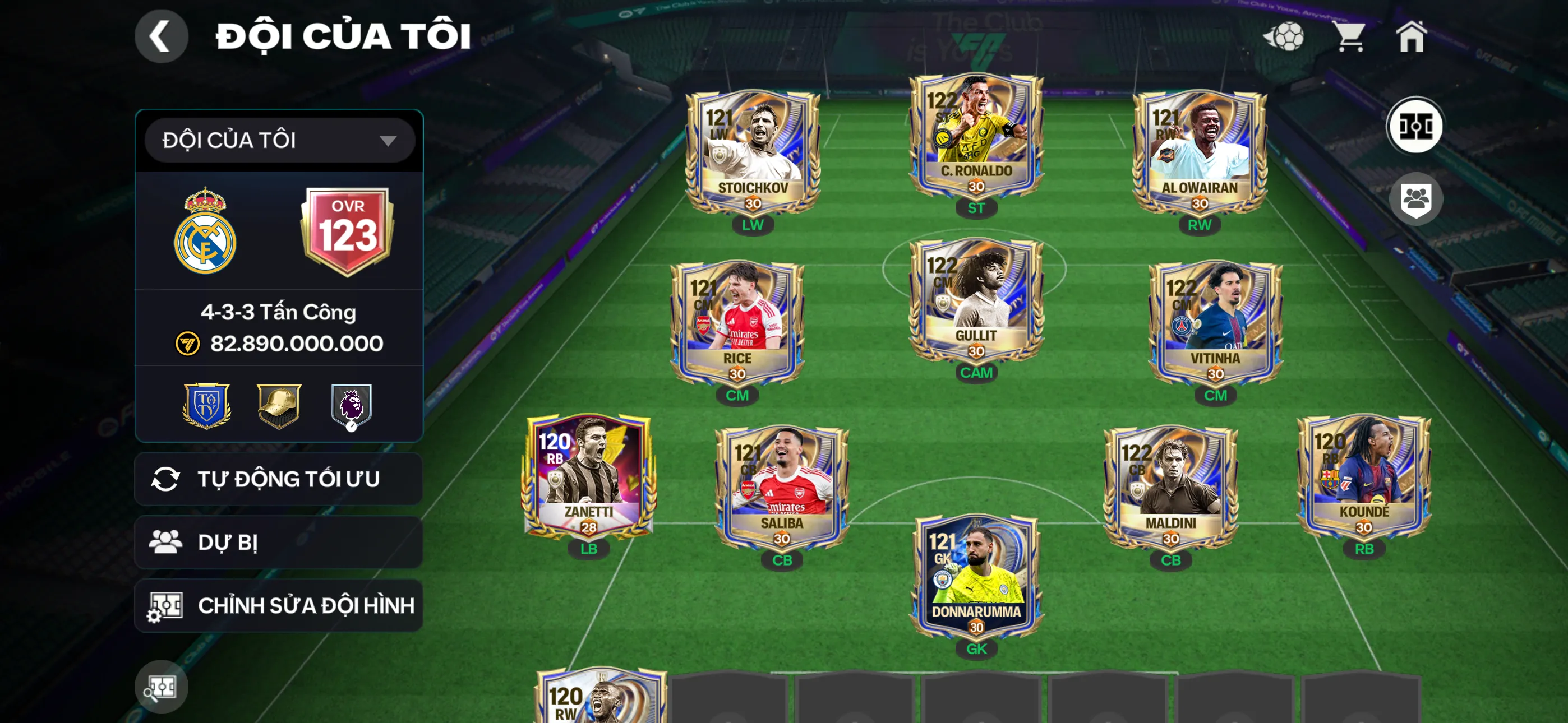 Ovr123 Cr7 kẹp 3 cthu 117 với nhiều cthu toty Đội hình nâng max , 2 rank chưa đá ,15k hp,80 hhtd,500m coin
