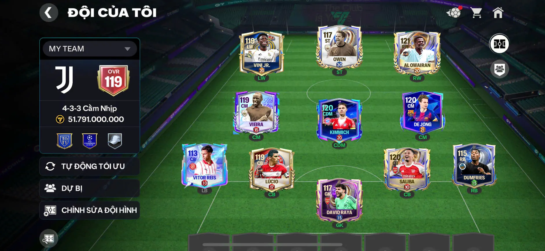 OVR 119,...Al AW + Saliba + owen + Hagi,..đủ cầu thủ cho ae Garena 
Trắng Thông Tin
