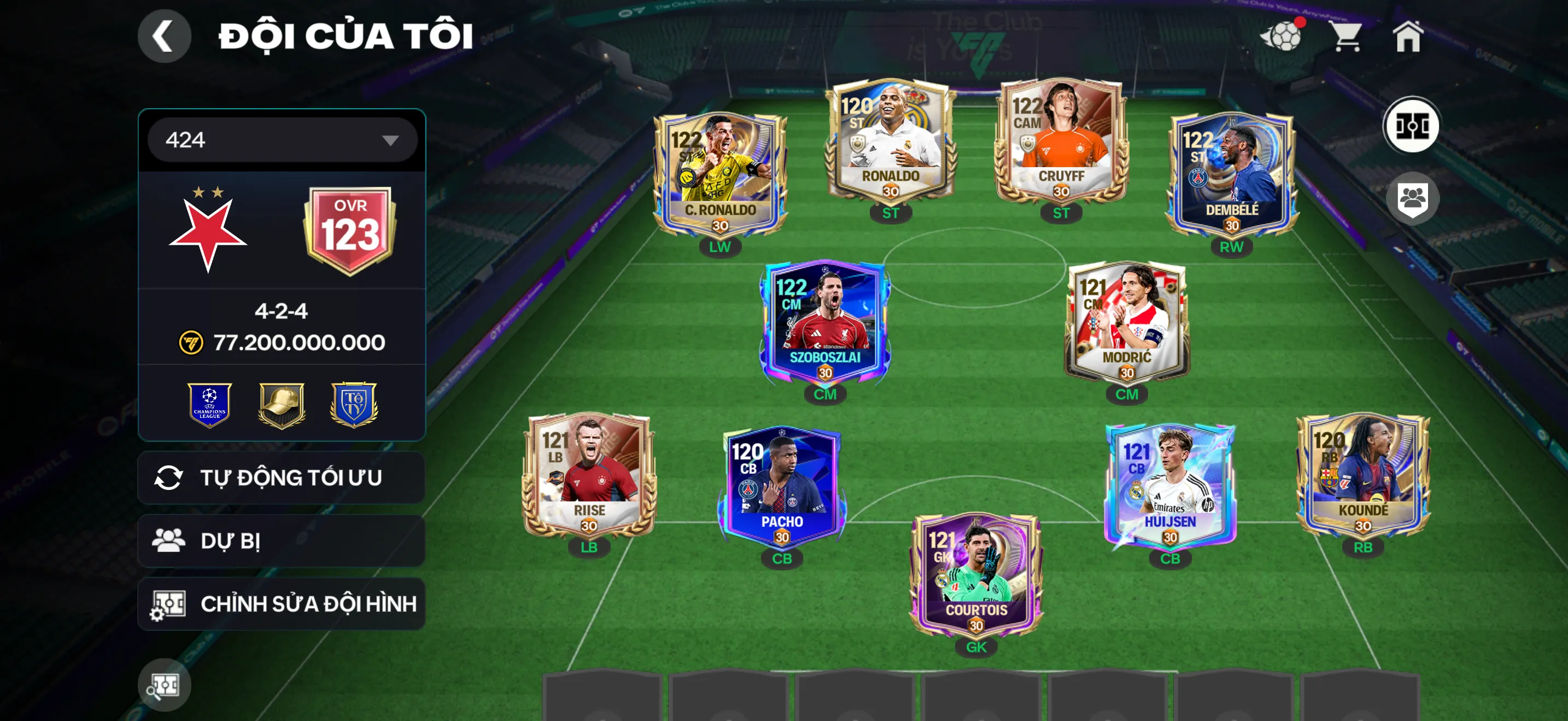 OVR 123,…Cr7 + R9 ( hiếm ) + Cruyff + Dem ,…nhiều cầu thủ ngon cho ae ,..Dư 3B2 coin và 463 mảnh trao đổi cầu thủ