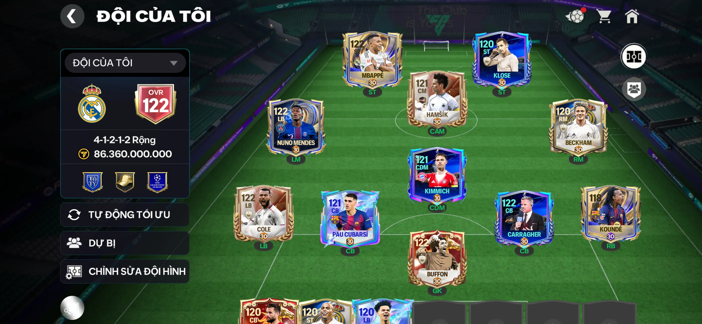 Ovr122 5 cthu117 Đội hình đẹp dự bị ngon , đã mở sổ,1 cthu bán đc 1b3coin,20k hiệp phụ ,145 hhtd