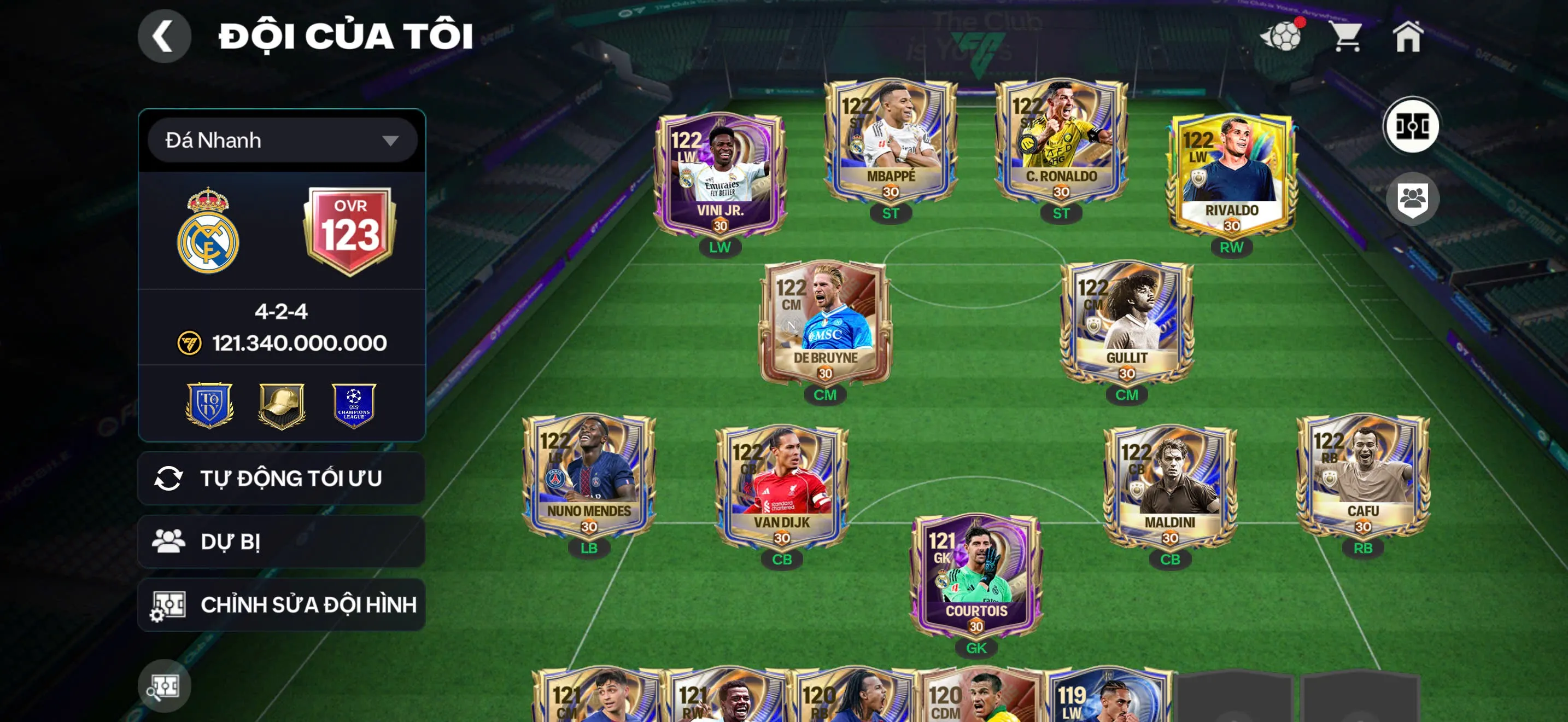 OVR 123,..Cr7 + Dem + Mp3 + Rivaldo + Vini + Gullit + Brune ,..Full Dàn 117 cho ae chơi và dư nhìu cầu thủ Vip,…Dư 315 hhtđ và 1B2 coin