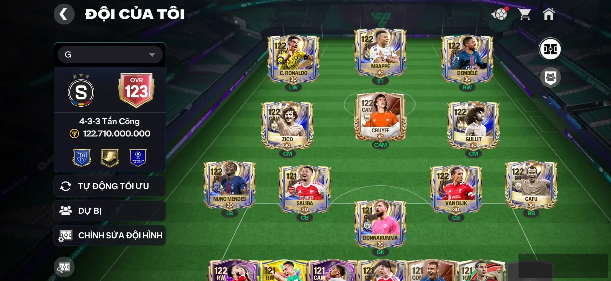 OVR 123,..Cr7 + Dem + Mp3 + Cruyff + Gullit + full dàn Utoty ,…Dư nhiều càu thủ ngon,…Rank cao,…