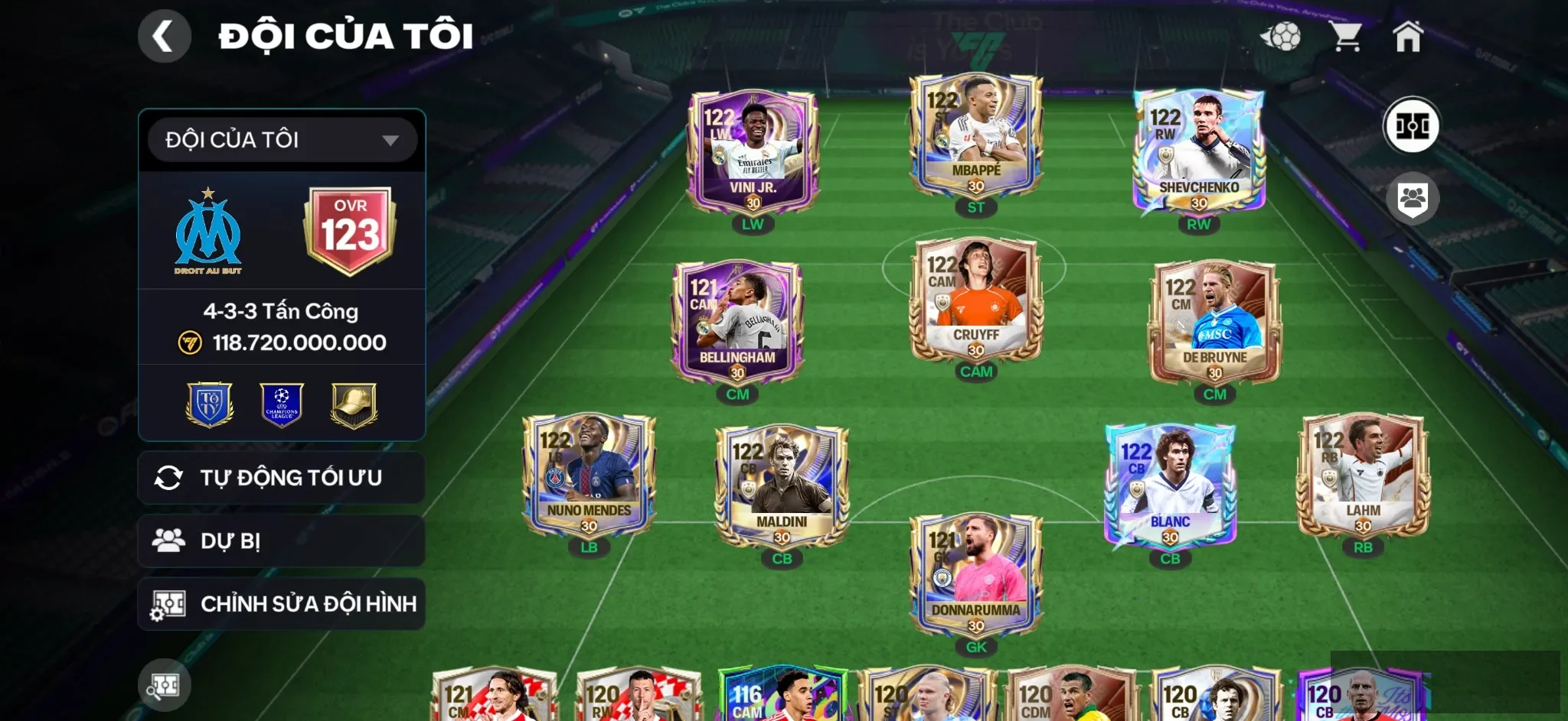 OVR 123,…Shevchonko ( chữ kí hiếm ) + Mp3 + Vini + Belinham + Cruyff + brune + Full dàn 117,…