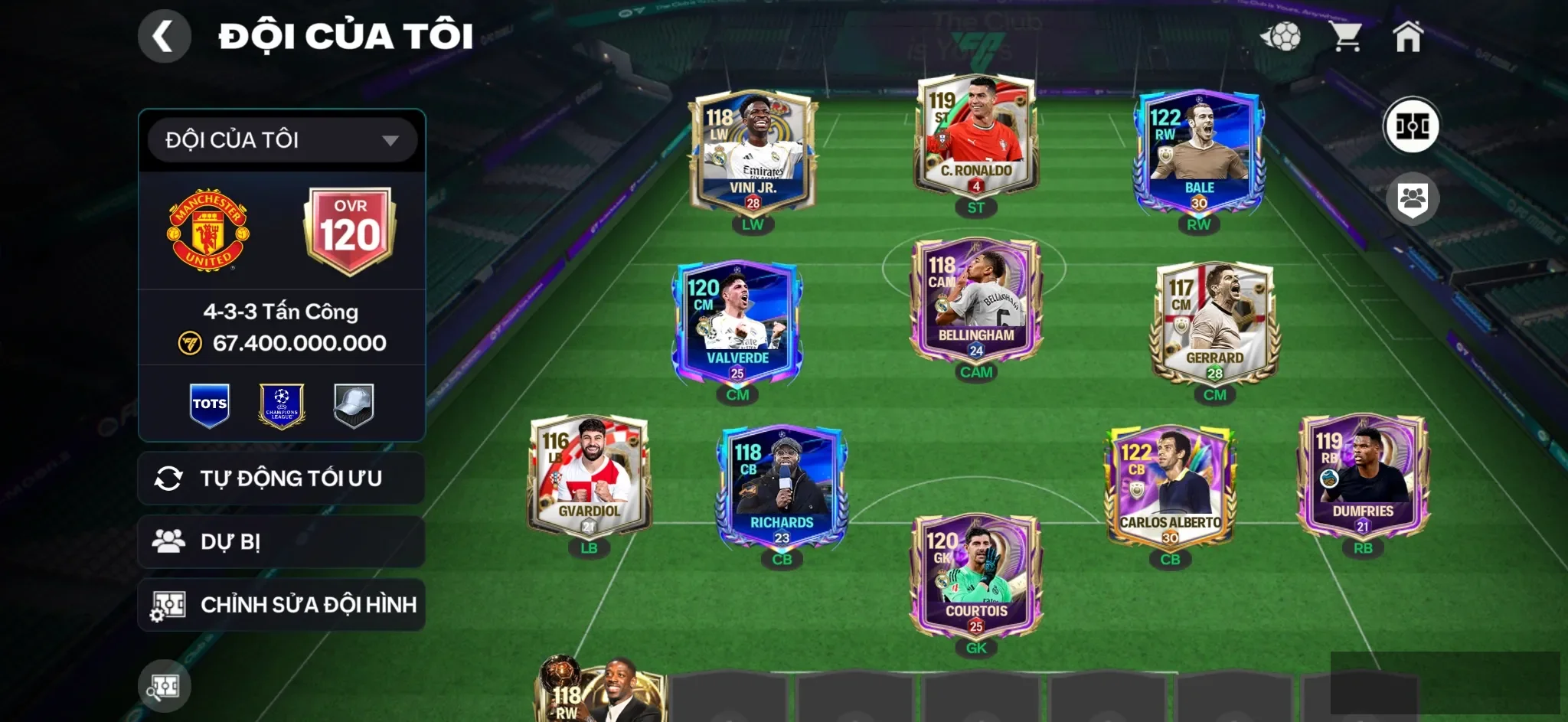 OVR 120,..calos ( chữ kí ),..Cr7 + Bale + Belinham + Vandic + Gerrad,..Rank zin cho ae cày.