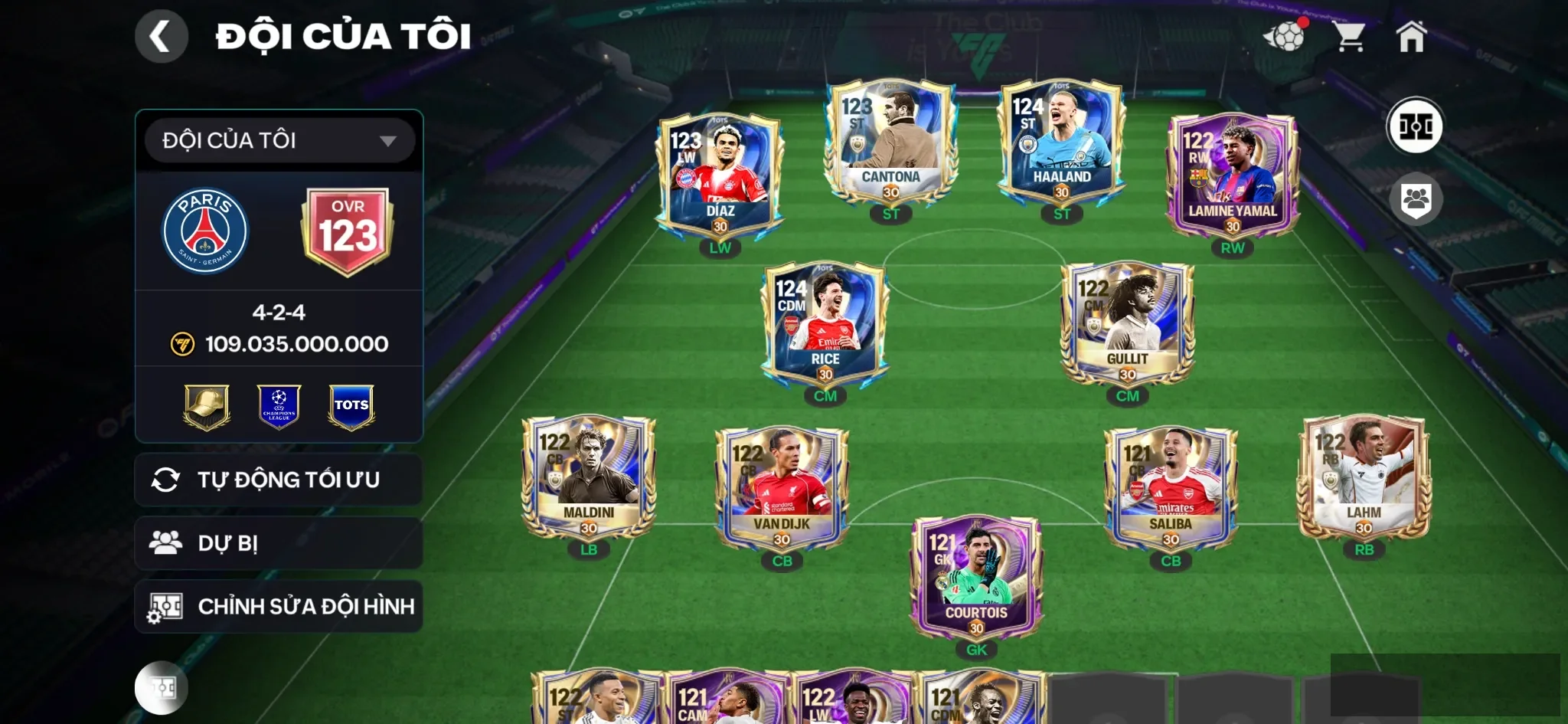 Ovr123 Halan tots+ D.Rice toót+ 2 con 118 + nhiều cthu 117 , Đội hình đẹp nhiều dự bị ngon , dư gần 1b coin ,4k5 hiệp phụ ,8k hhth, đã mở sổ,1 cthu bán đc