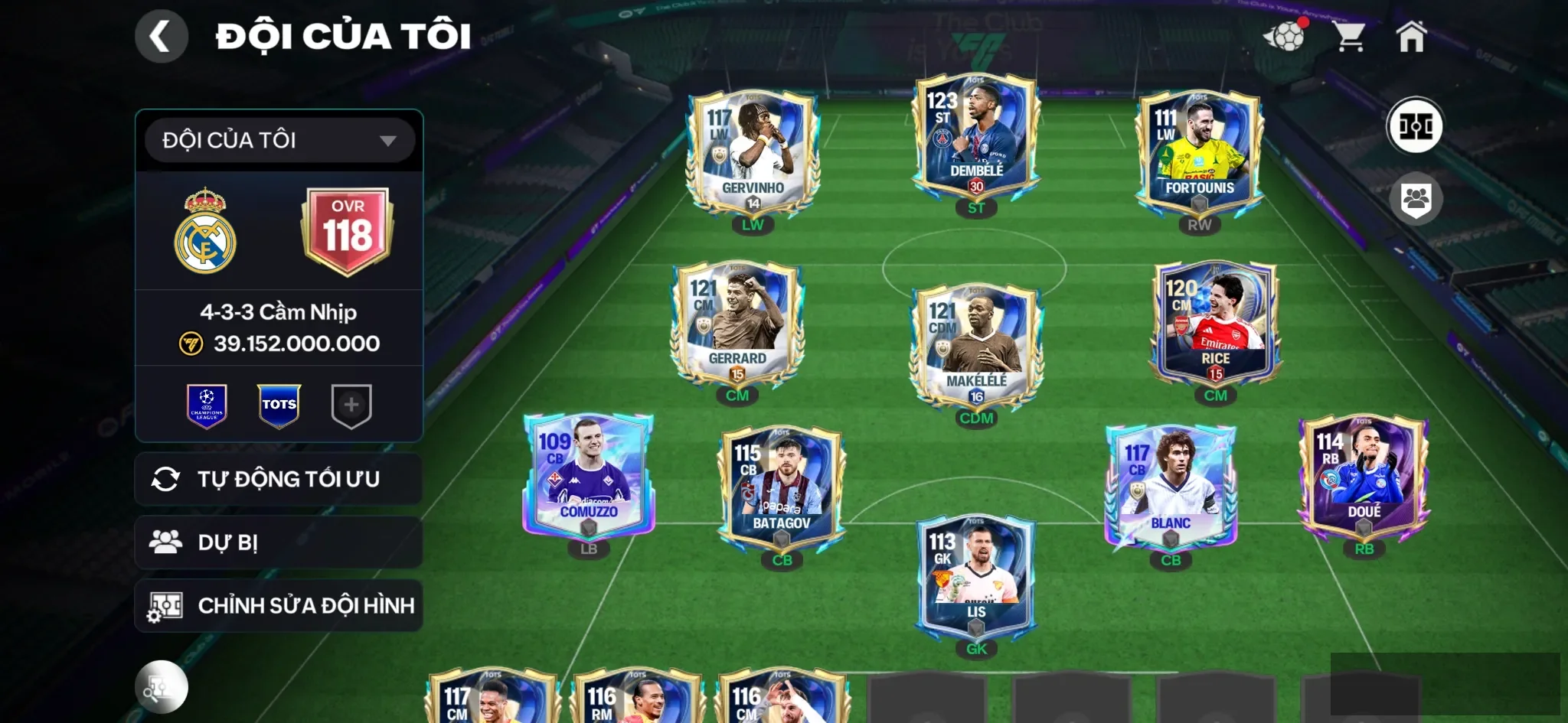 Dembel tots + makelele +3 cthu 117 Khung đẹp , dư 20k hiệp phụ , 3 rank chưa đă , còn nv 20k gem ,1 cthu bán đc
