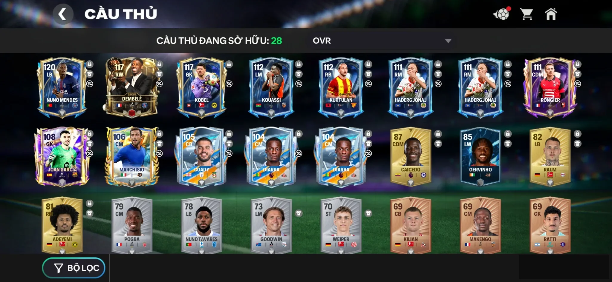Nuno mendes 120 ,3 rank chưa đá , dư 6k hiệp phụ , còn nv20k gem