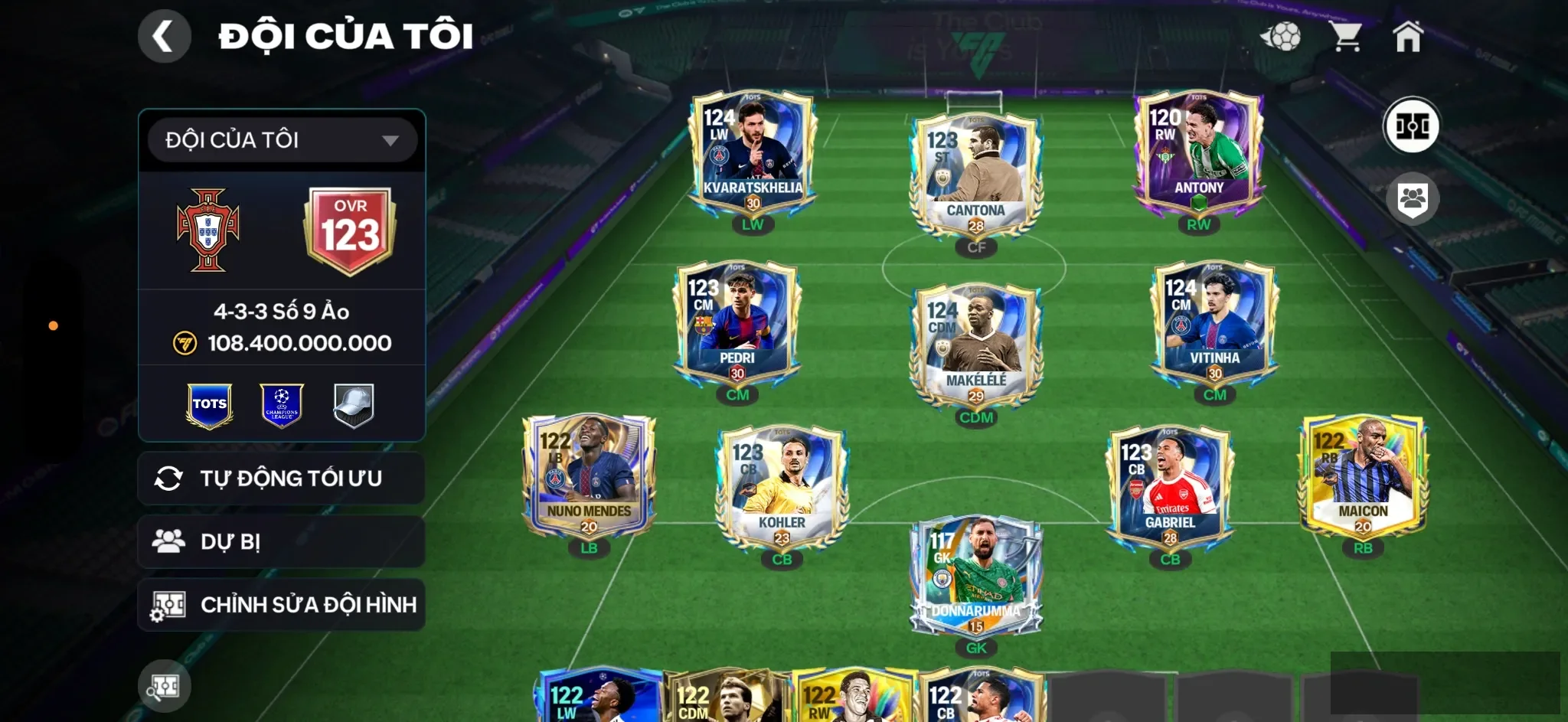 OVR 123,..( còn 100đ hh lên OVR 124 ),…Antony + Cantona + Kva + Makelele + Vitinha