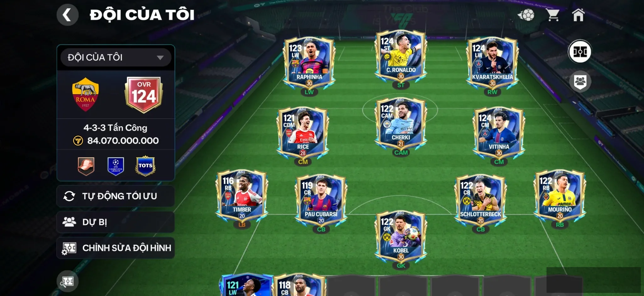 OVR 124,..Cr7 + Raphinha + Kva + Cherki + Rice + Vitinha + full dàn Totts cho ae chuẩn bị up Utots + rank cao.
