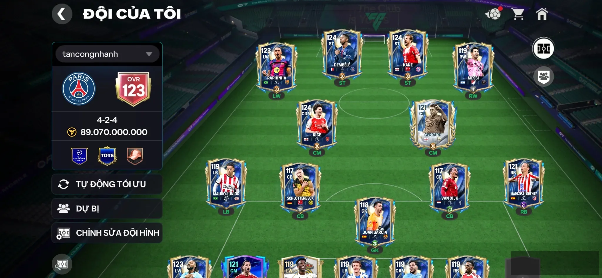 Dembele + Messi+Kane + Rice , Đội hình đẹp , dư 1b coin , nhiều phôi , xả 2b coin ,30k hp
