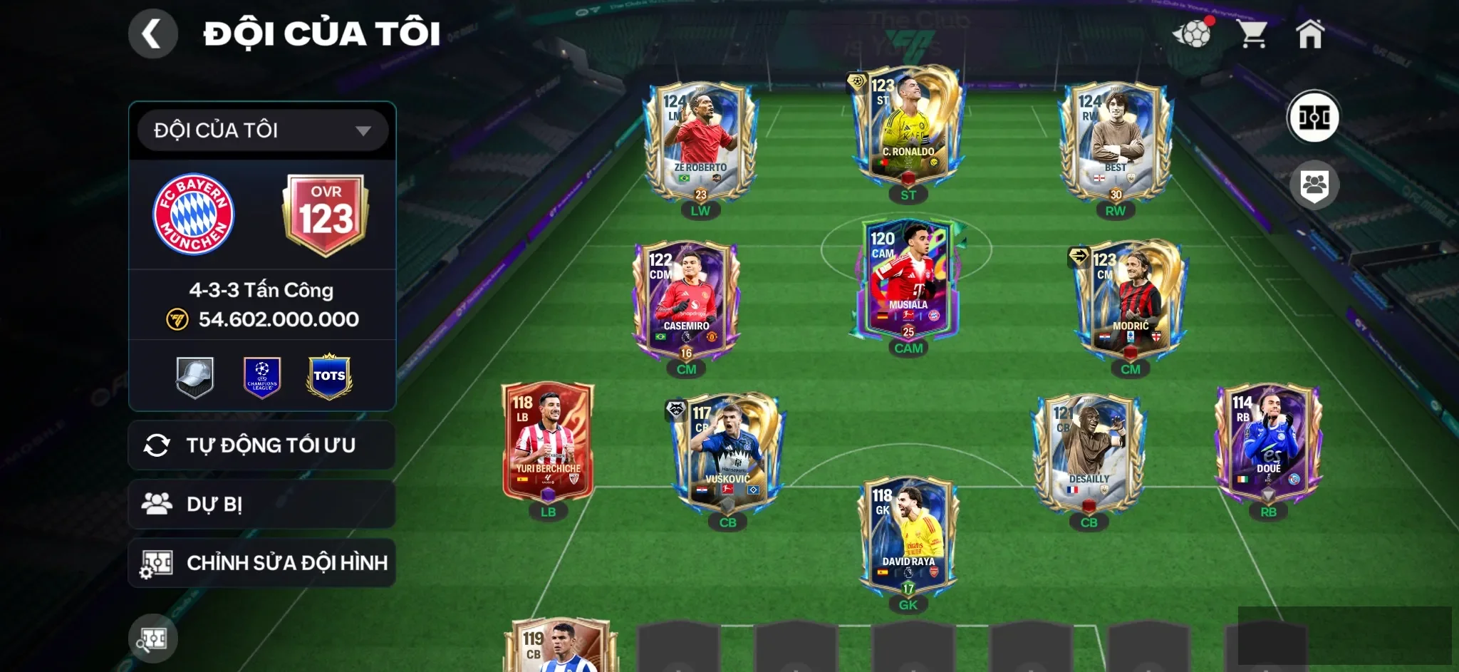 OVR 123,..Cr7 + Best + Modric + casemiro + Kovic + Zoberto ,..nhiều cầu thủ ngon cho ae chơi…và nhiều cầu thủ bán được.