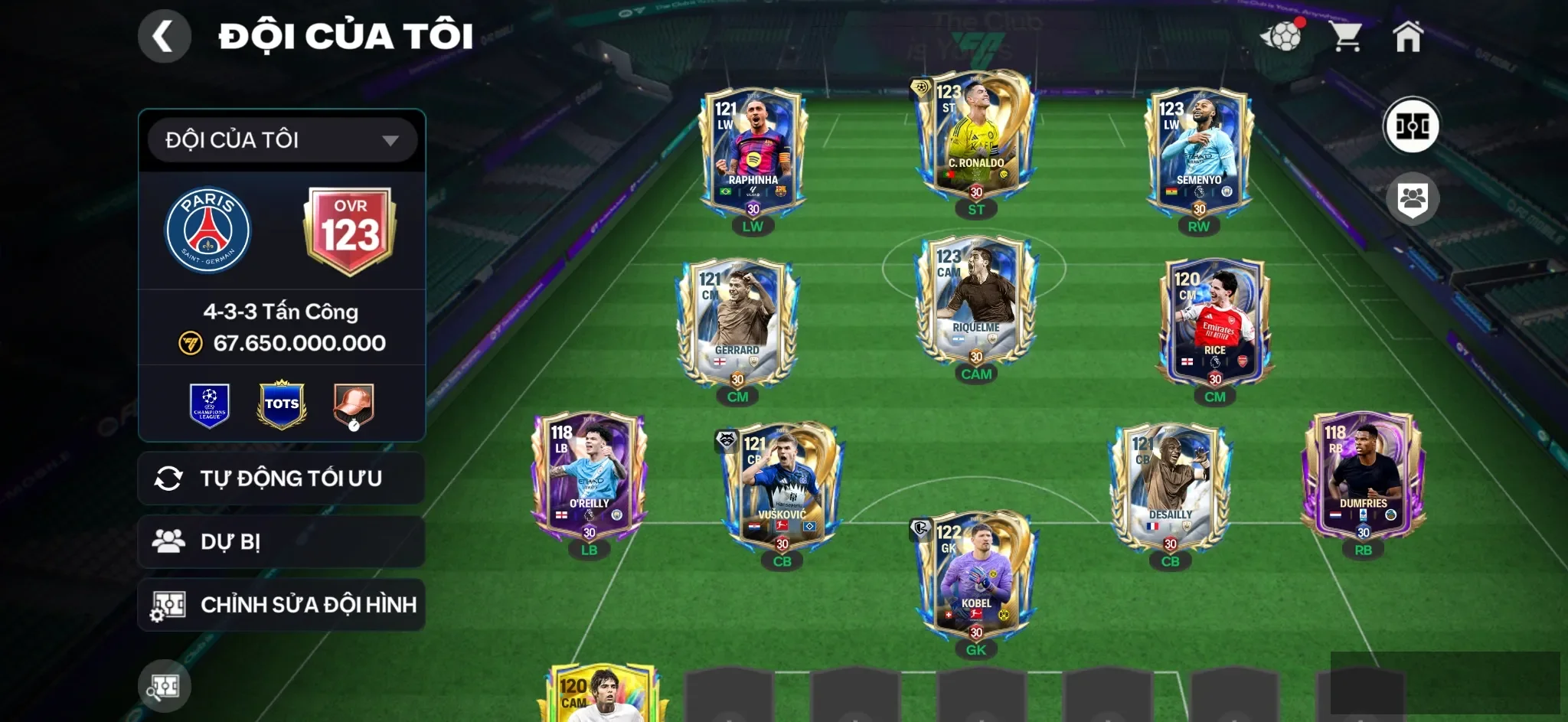 OVR 123,..Cr7 + Raphinha + Rice + Kovic + Bell + nhiều cầu thủ ngon cho ae đá…Rank cao.
