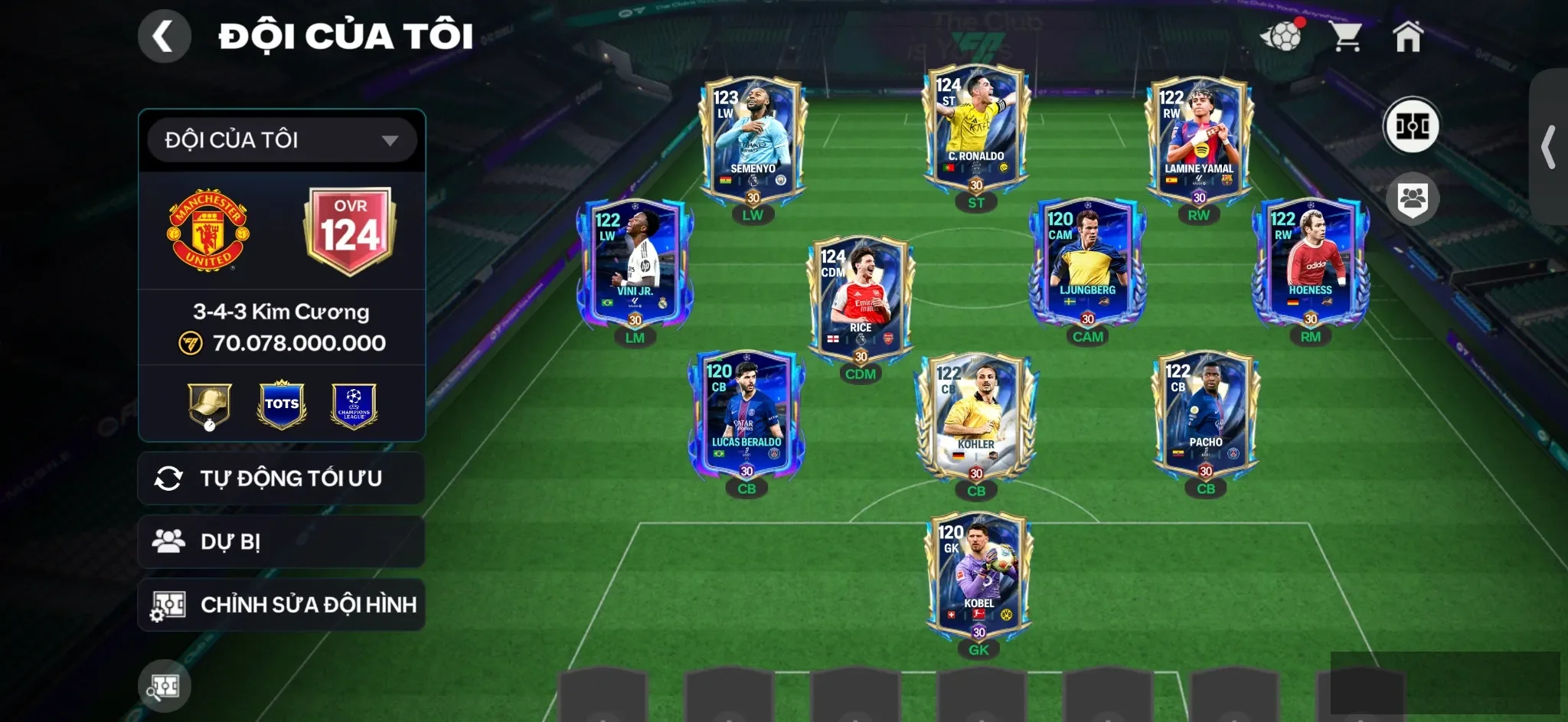OVR 124,..Cr7 + Yamal + Seemnko + Vini + Rice ,..dư vài phôi cho ae up Utots,…Rank cao.