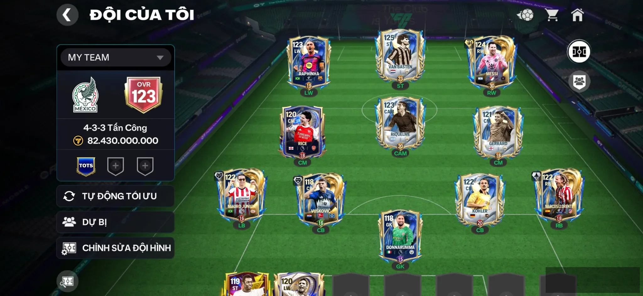 OVR 123,..Messi + Van best + Raphinha + Rice + Kovic + Junio + đủ cầu thủ cho ae đá…dư hơn 1B3 coin.