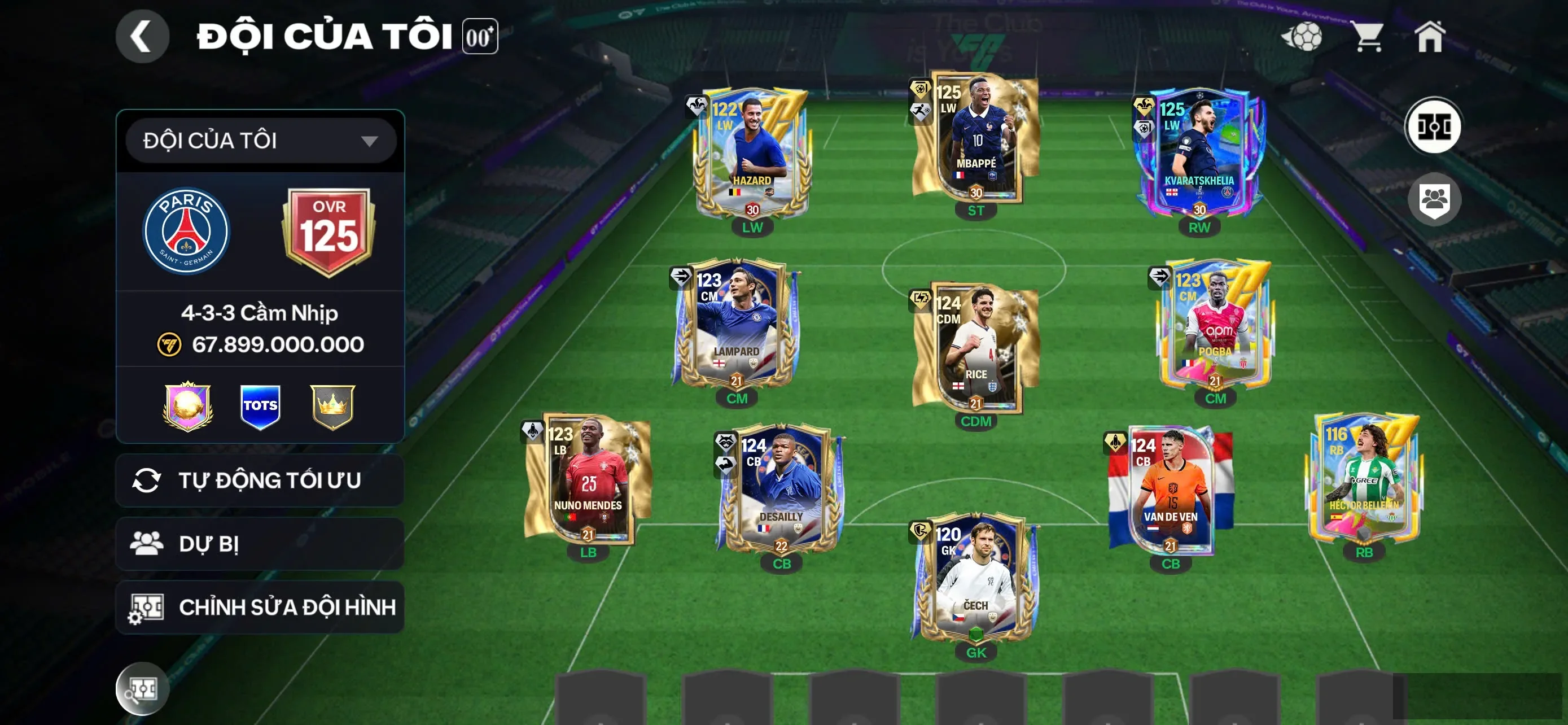 Ovr 125 M3p 120+Kvarat 120 +Rice+3 cthu 119 , Đội hình siêu đẹp ,3 rank chưa đá , dư 700 mảnh