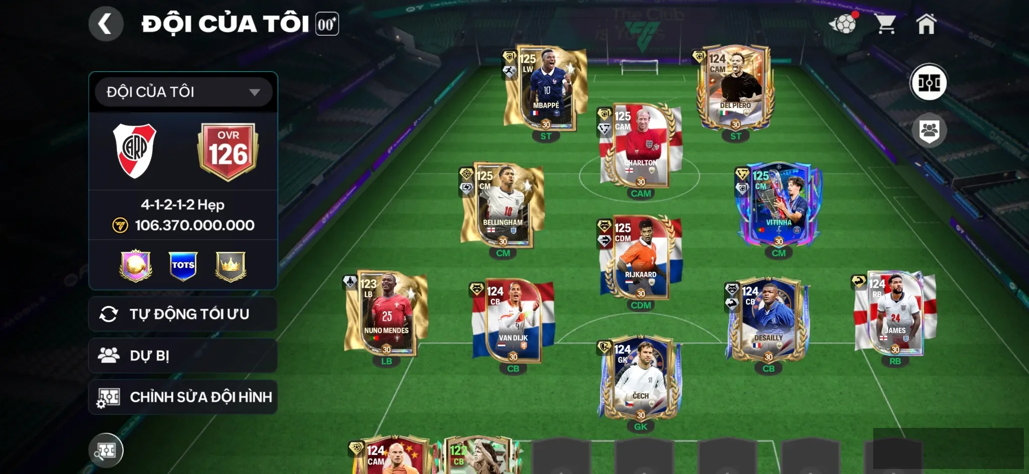Siêu phẩm mini 5 cthu 120 M3p+Vitinha+Bellingham+Rijkard+Charlon+6cthu 119 Đội hình siêu đẹp đá ngon , dư 14k hhth,2k mảnh siêu sao, đã mở sổ đăng nhập