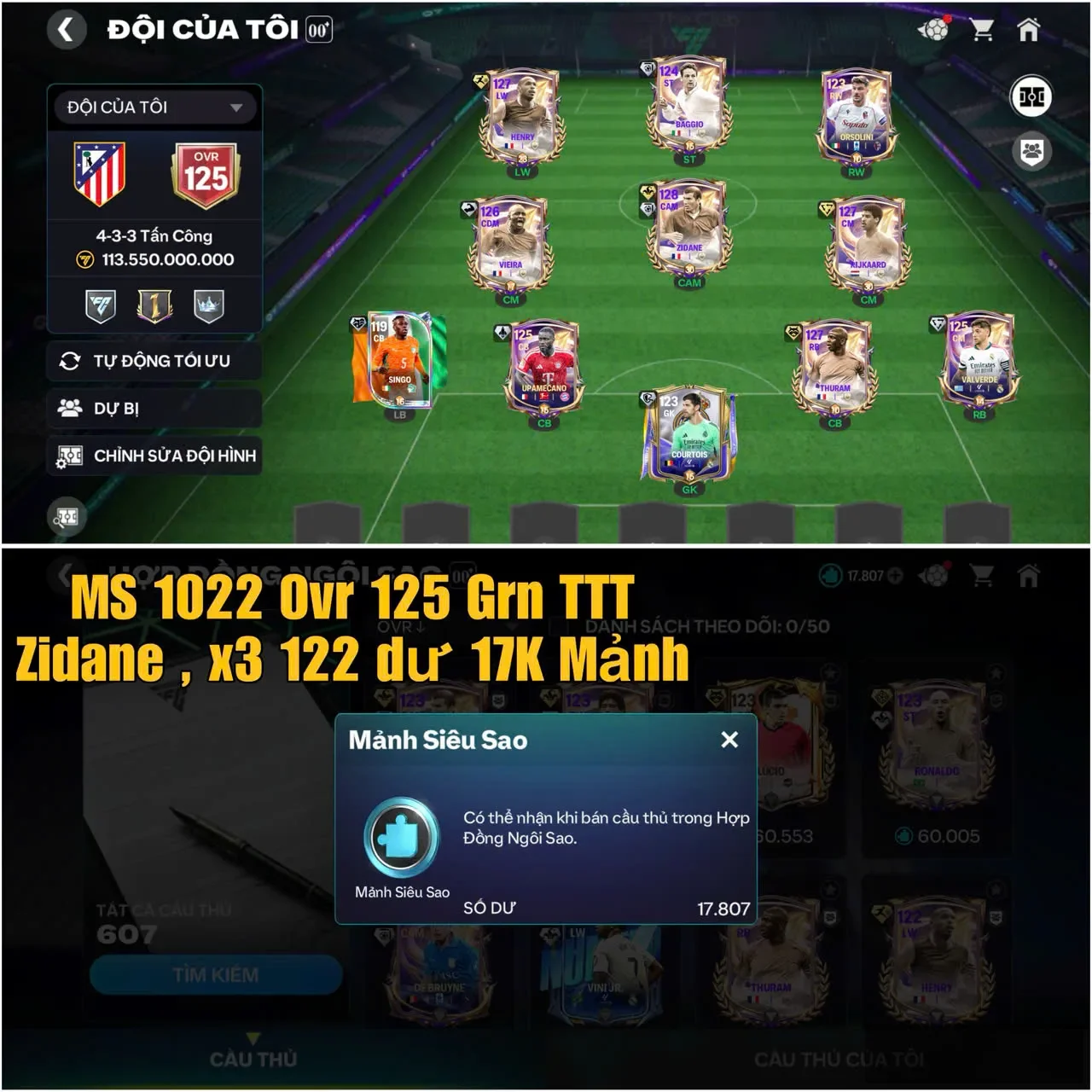 ovr 125  , zidane 123 , x3 122 siêu đẹp dư 17K mảnh trắng tt