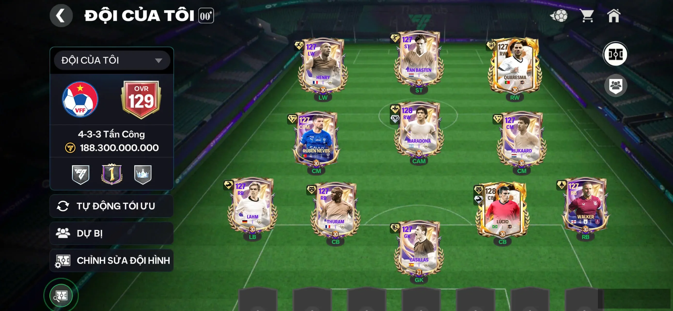 Ovr 129 Full123+122 Madarona+Lucio+Henry+Vanbasten Công thủ chất lượng +24k mảnh+1b coin đã mở 2 sổ