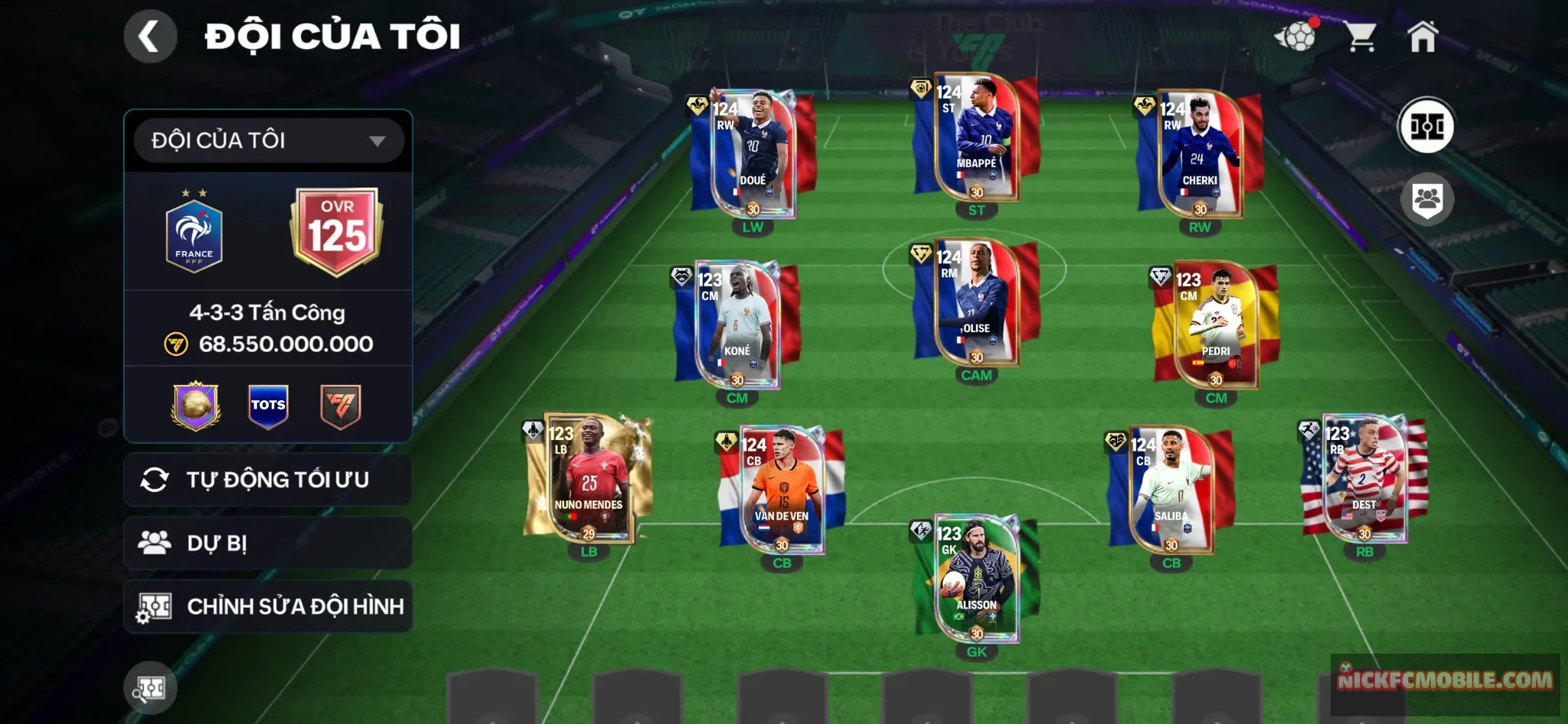 ovr 125 đội hình full playstyle 6 con 119 còn lại full 118 ngon 3 tuyến đều ok về cày sự kiện đá rank lấy gem mở back build tiếp tuyển pháp
