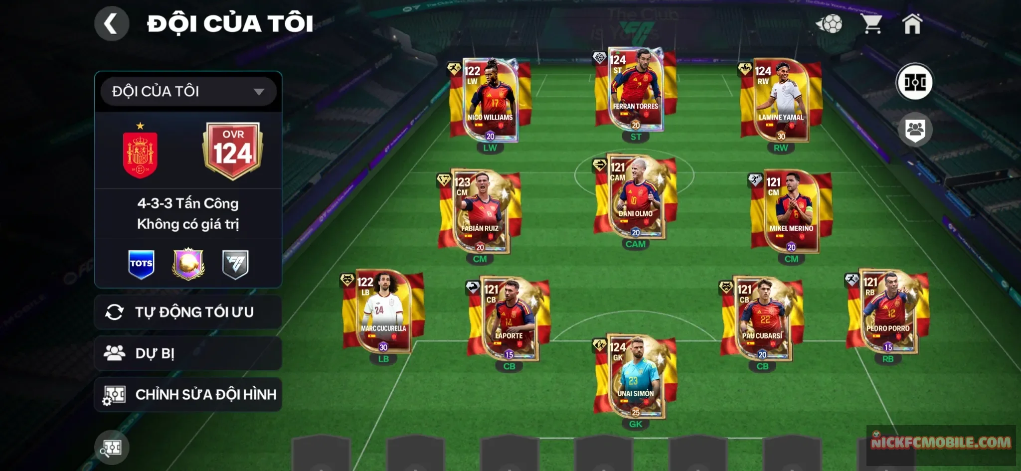 OVR 124+ FULL TEAM TÂY BAN NHA ĐẸP KENG CHO AE ĐAM MÊ, YAMAL+NICO+OLMO+RUIZ+CUCURELA+CUBARSI+SIMON , 8 cầu thủ 119, 3 cầu thủ 118 full team tây ban nha có playstyle, dư 150 mảnh