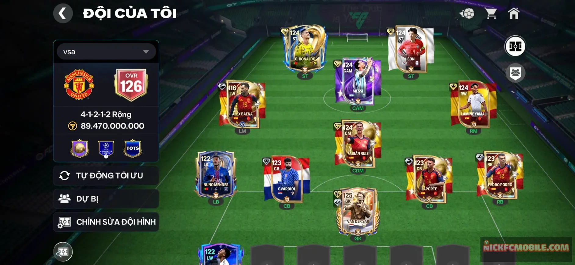 SALE 25%. ( ACC OVR 126+, RÔ+SI, VANDER SAR OVR 125, 5 CẦU THỦ 119, 4 CẦU THỦ 118 NGON, DƯ 300 MẢNH, ACC KHOẺ AE LEO RANK CAO LẤY GEM VÀ THĂNG HẠNG