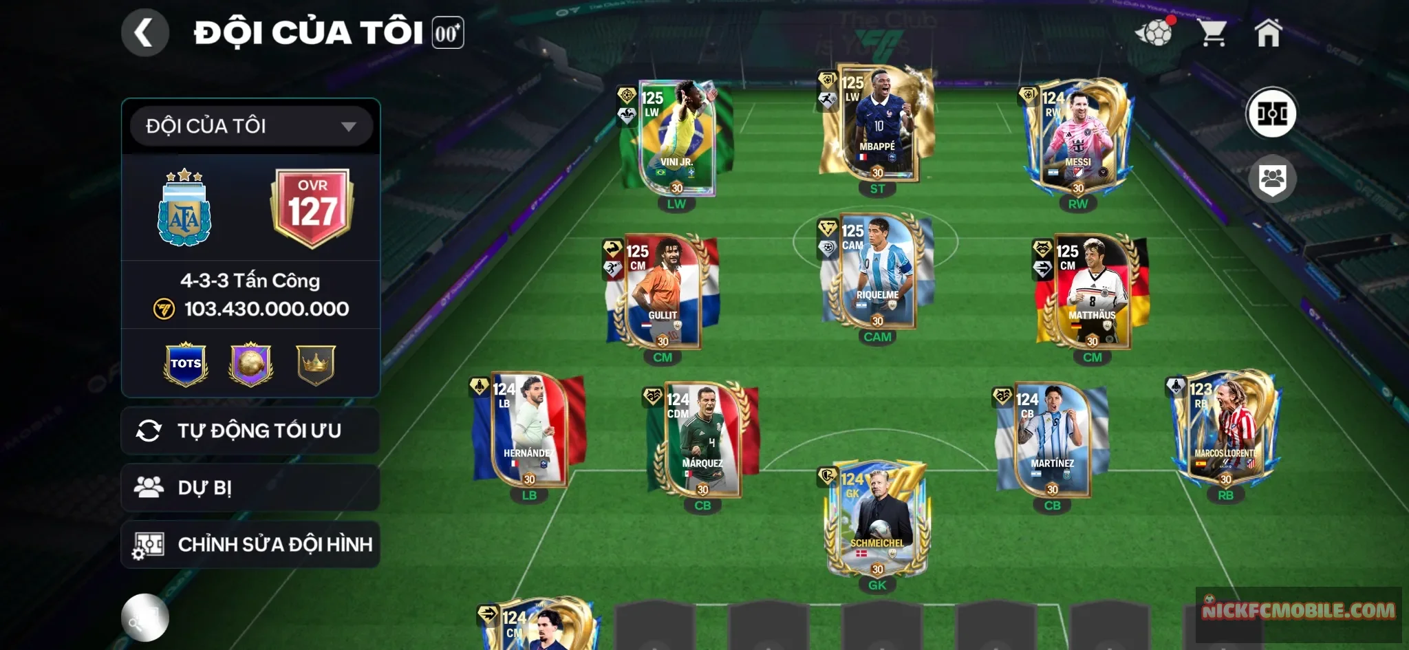Siêu phẩm Ovr127 5 cthu 120 M3p+Vini +Gulit+Matthus+Messi+6 cthu 119 Đội hình siêu đẹp đá ngon , dư nhiều tài nguyên , thừa 1 cthu 120 trùng,gần 2b coin ,13 hhth,6k mảnh ngôi sao,đã mở sổ đn