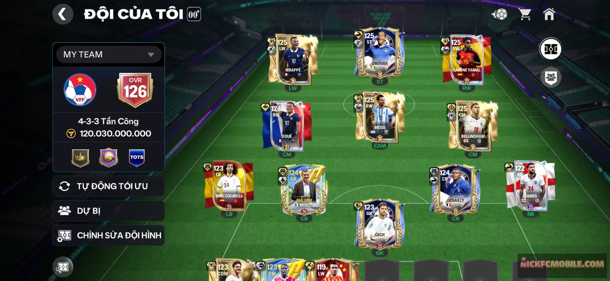 Siêu phẩm mini 6cthu 120 M3p+Drogba+Yamal+Messi+Bellingham+Madini+7 cthu 119 , Đội hình siêu đẹp đá ngon , 20k hp,4k mảnh ngôi sao,mở sổ champion