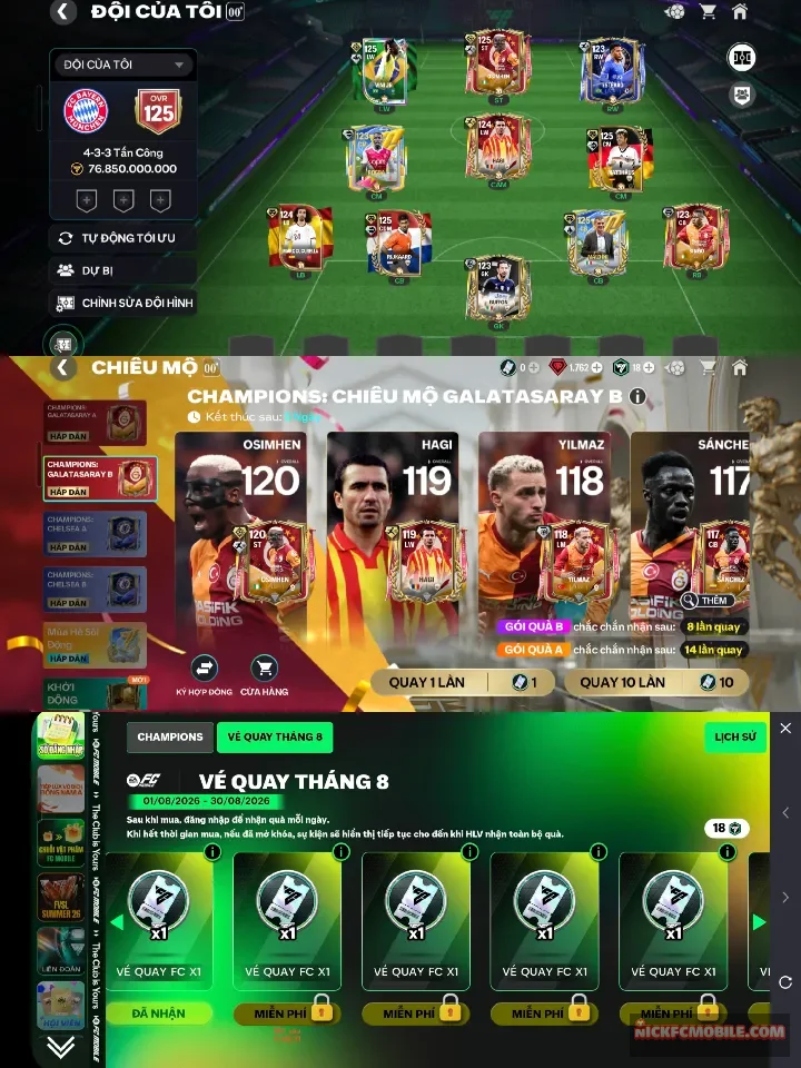 5 cth ovr 125 hàng top, đã mua champions,sss,vé tháng. Acc grnttt còn 14 lượt quay là nổ tiếp.còn dư 3k hhth