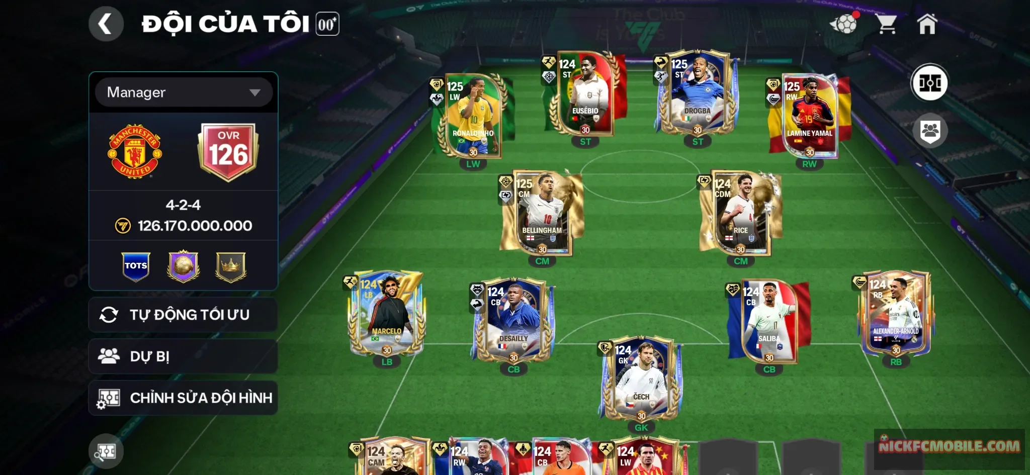 Siêu phẩm mini 5 cthu 120 Ronaldinho+Drogba+Yamal+Bellingham+Eusobio, Đội hình siêu đẹp đá ngon, dư 8k mảnh siêu sao ,15k hp