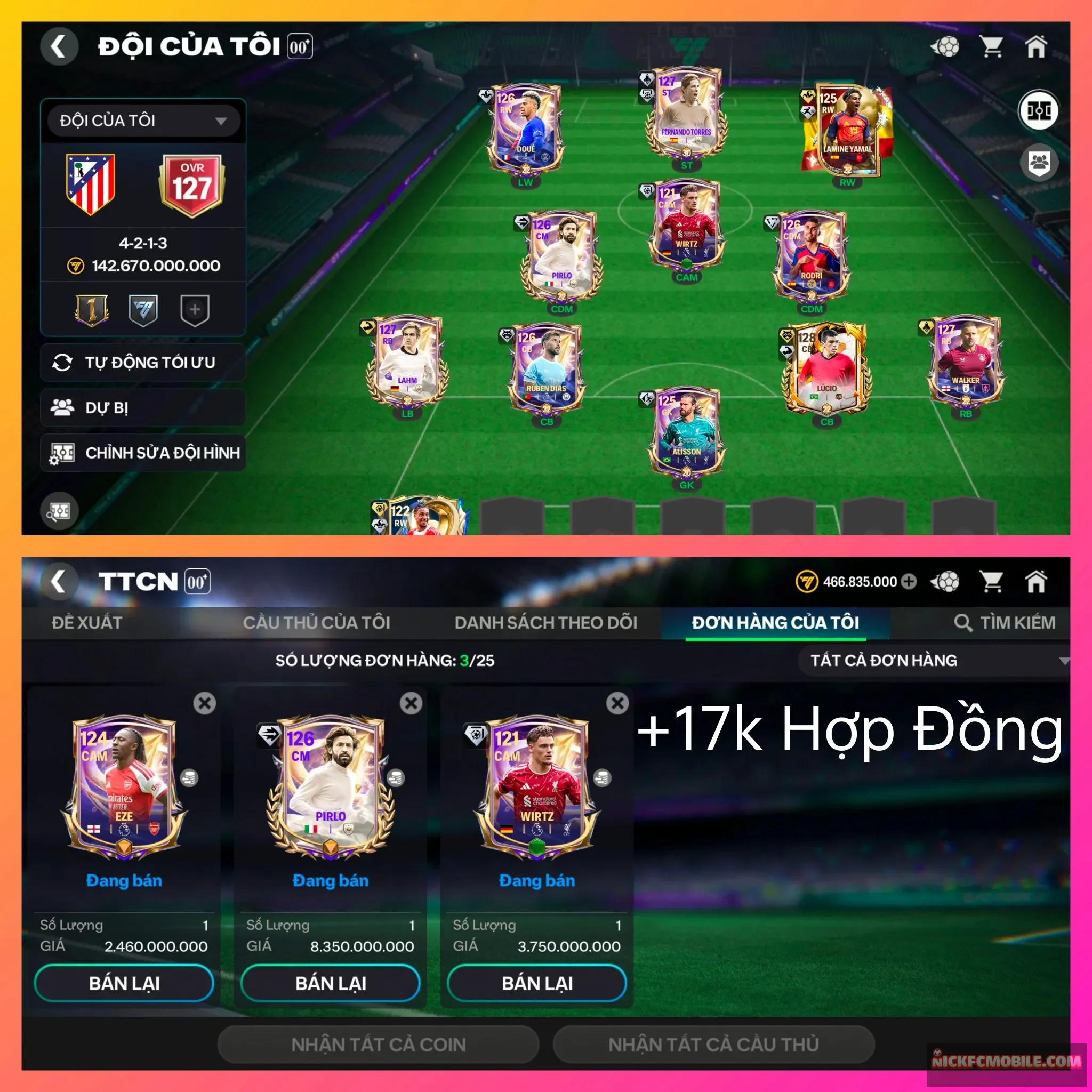 Ms1016. Ovr127. Lucio128 + tores127 (pirlo+wirtz bán đc). + Olise123 Utots + 17k mãnh Hợp Đồng