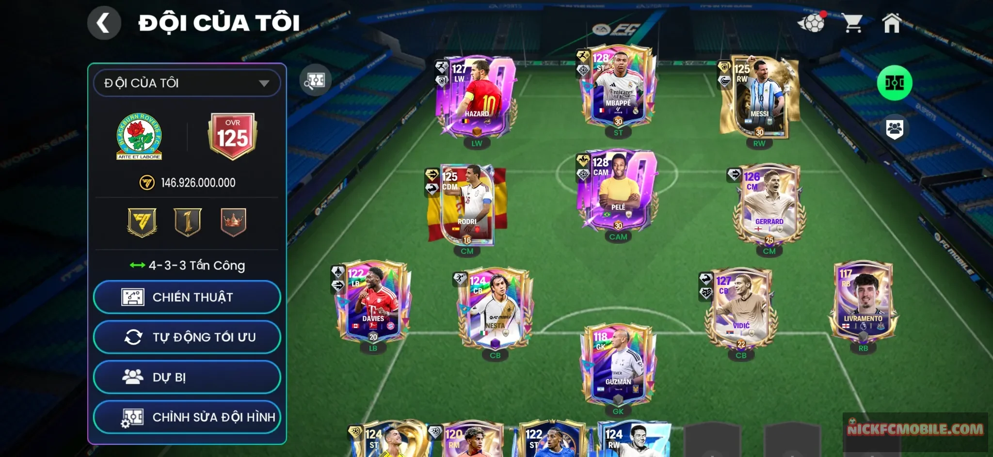 OVR 125 : Pele + Mp3 + hảzard + netsa + Davies + messi.