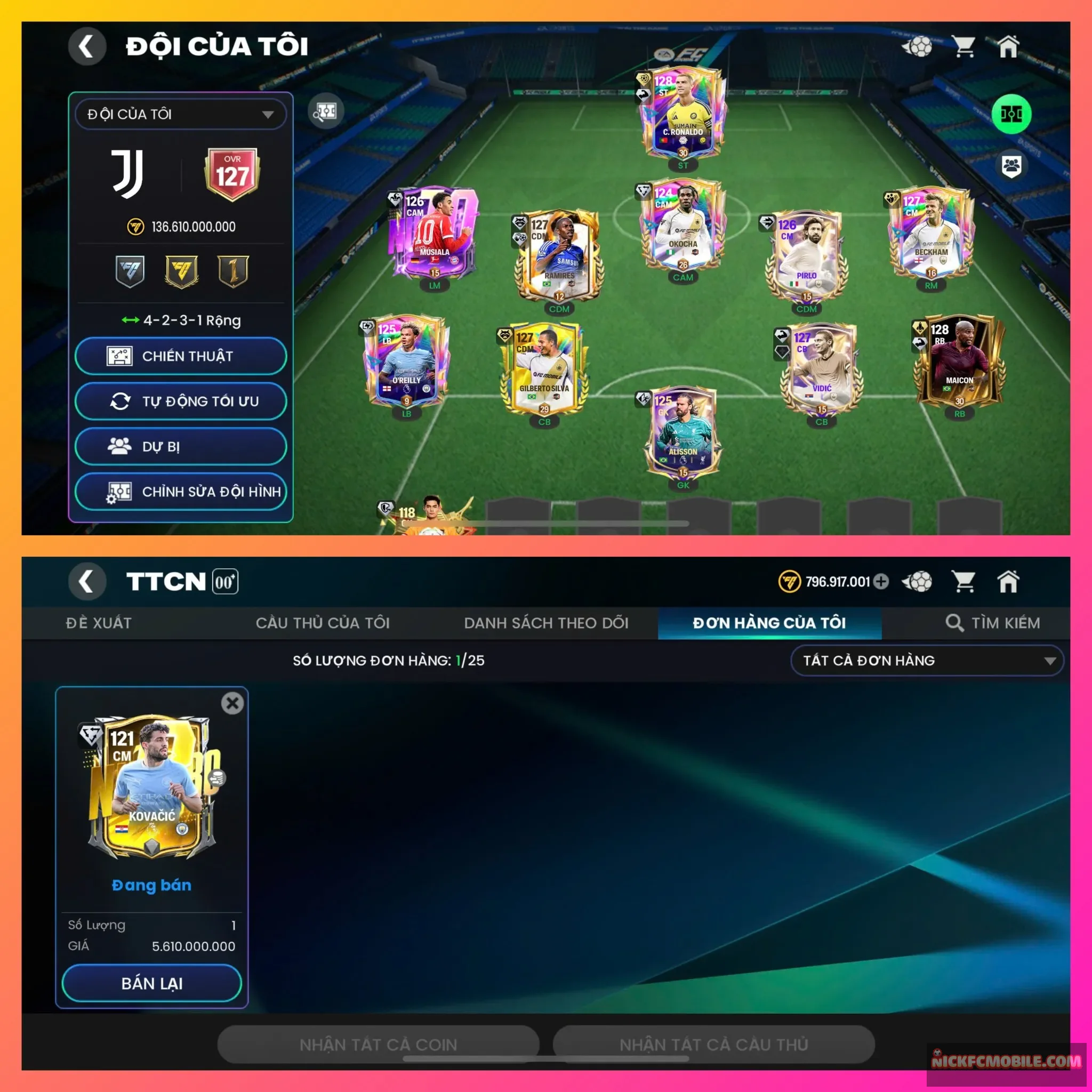 Ms00. Ovr127. Cr7, maicon và đồng bọn
Kovacíc bán đc 5B coin